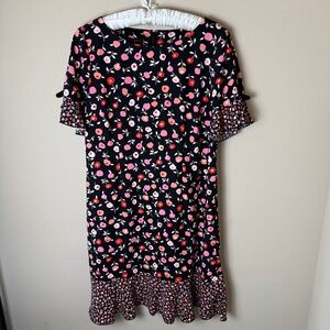 NWT Talbots Poppy Floral Ruffle Dress Womens 8P Petite Black Red Pink NEW $149